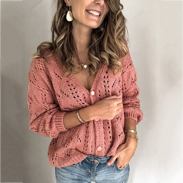 Solid color hollow V-neck sweater